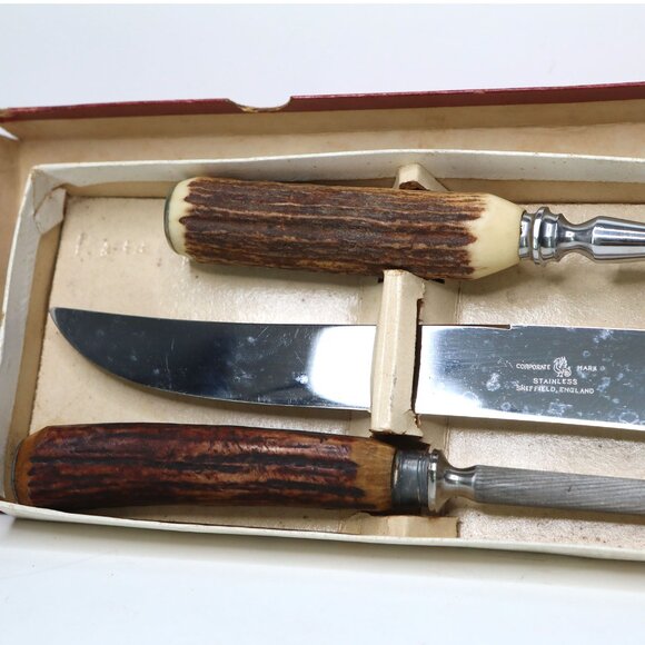 VINTAGE CARVERS SHEFFIELD Staghorn Carving Set  Knife Fork Sharpener Horn Handle - Picture 11 of 12